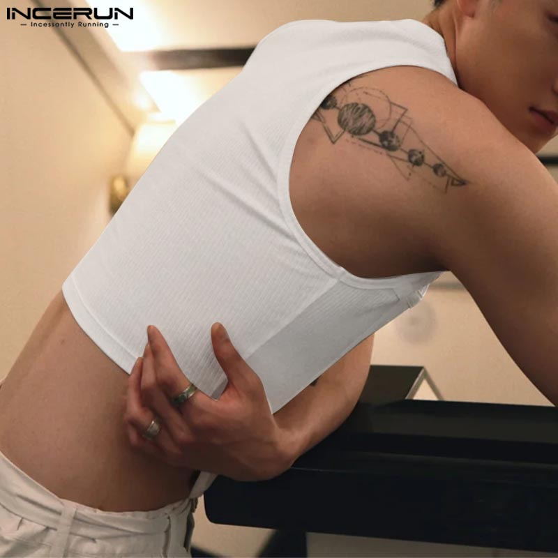 INCERUN Летние мужские безрукавки с нерегулярным ребром, тонкие майки, повседневные обтягивающие короткие топы