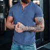 Мужская летняя повседневная однотонная футболка-henley с коротким рукавом