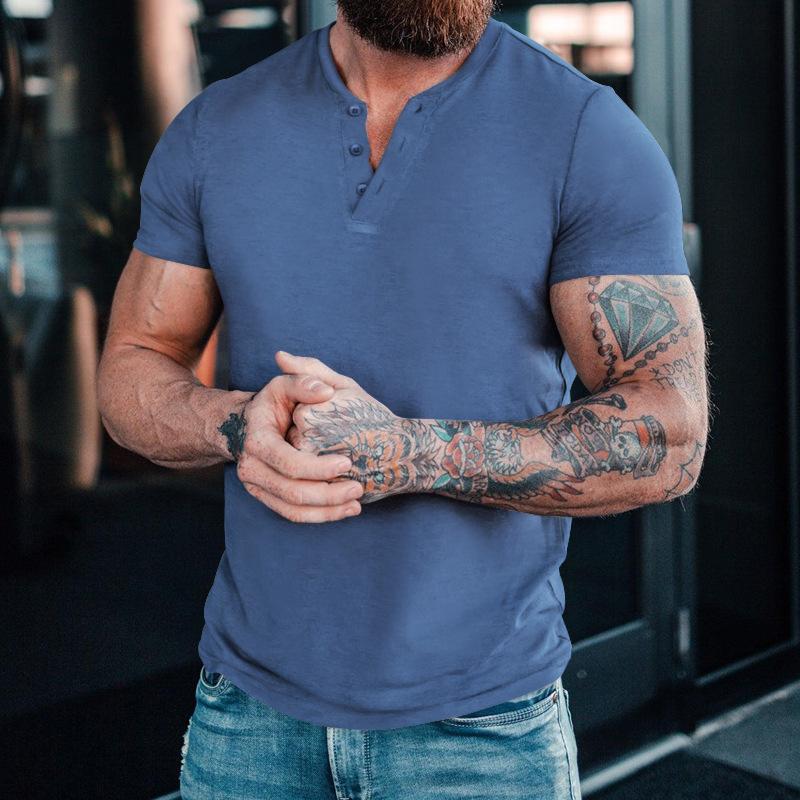 Мужская летняя повседневная однотонная футболка-henley с коротким рукавом