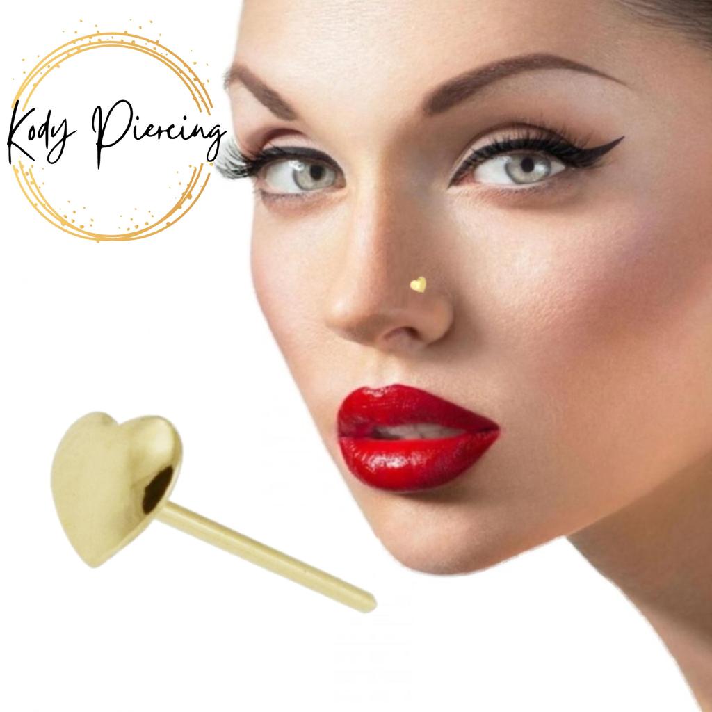 KODY PIERCING 9K Gold Embossed Heart Straight Nose Stud - Quality Piercing