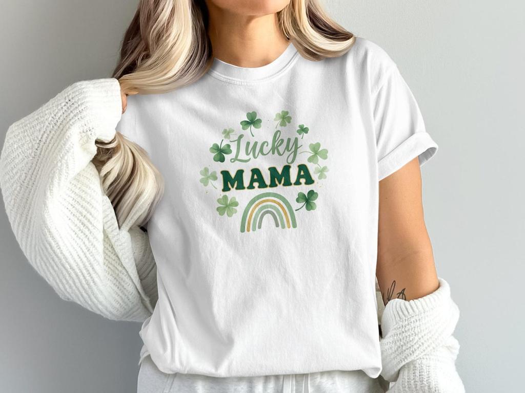 Lucky Mama St Patricks Day T-Shirt, Shamrock Rainbow Tee