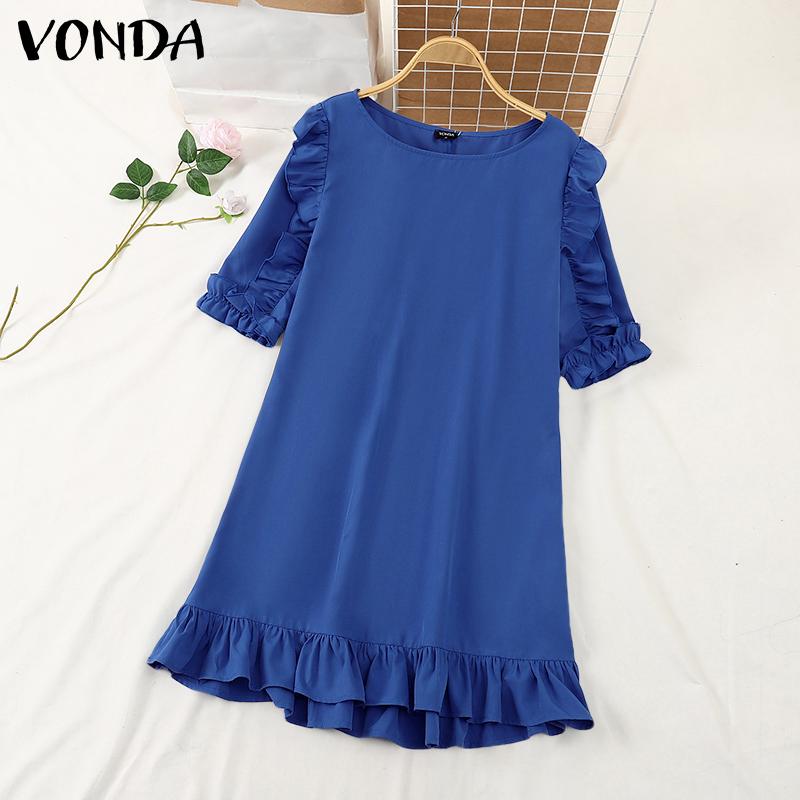 VONDA Women Summer Round Neck Ruffle Short Sleeve Dresses