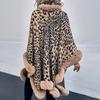 Women Autumn Winter Fur Collar Leopard Pattern Shawl Cardigan Fashion Vintage Batwing Sleeve Thick Warm Cape Coat