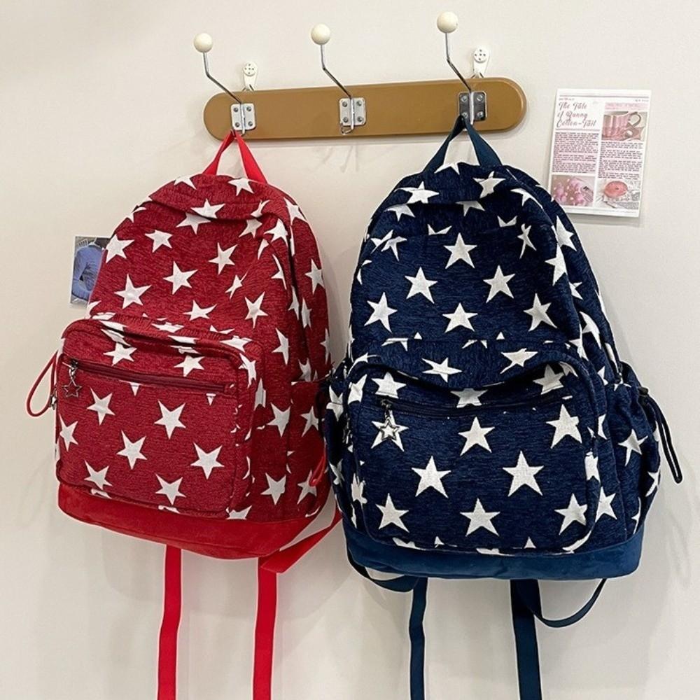 Multi-pocket Star Printing Backpack Lightweight Students Schoolbag Grey Stripes Backpack Travel