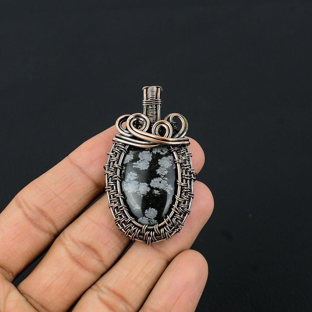 Snowflake Obsidian Pendant, 999 Copper Wire Wrapped Gemstone Handmade Dainty Jewelry Pendant, For Her
