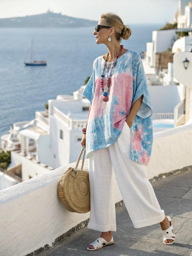 Short Sleeve Shirt Set Fashion Digital Printing Women's Loose Crew Neck Top High Waist Two-piece Casual
