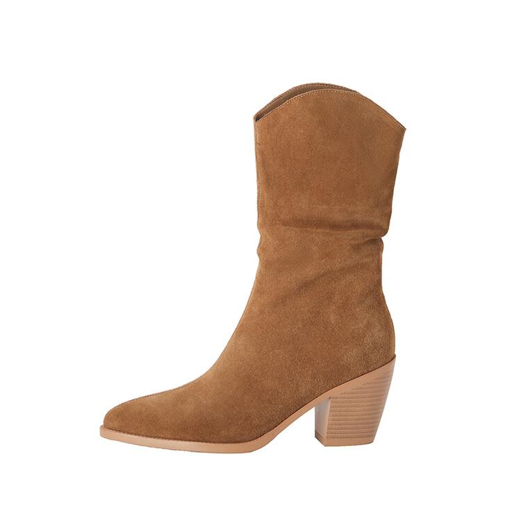 Мода 2025 Осень Замшевые женские ботинки с острым носком на массивном каблуке Зимние ботинки до середины икры На высоком каблуке Zapatos Mujer
