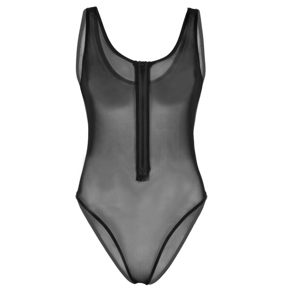 Women's Mesh Sheer See Through Zipper High Cut Thong Teddy Leotard Bodysuit Swimsuit