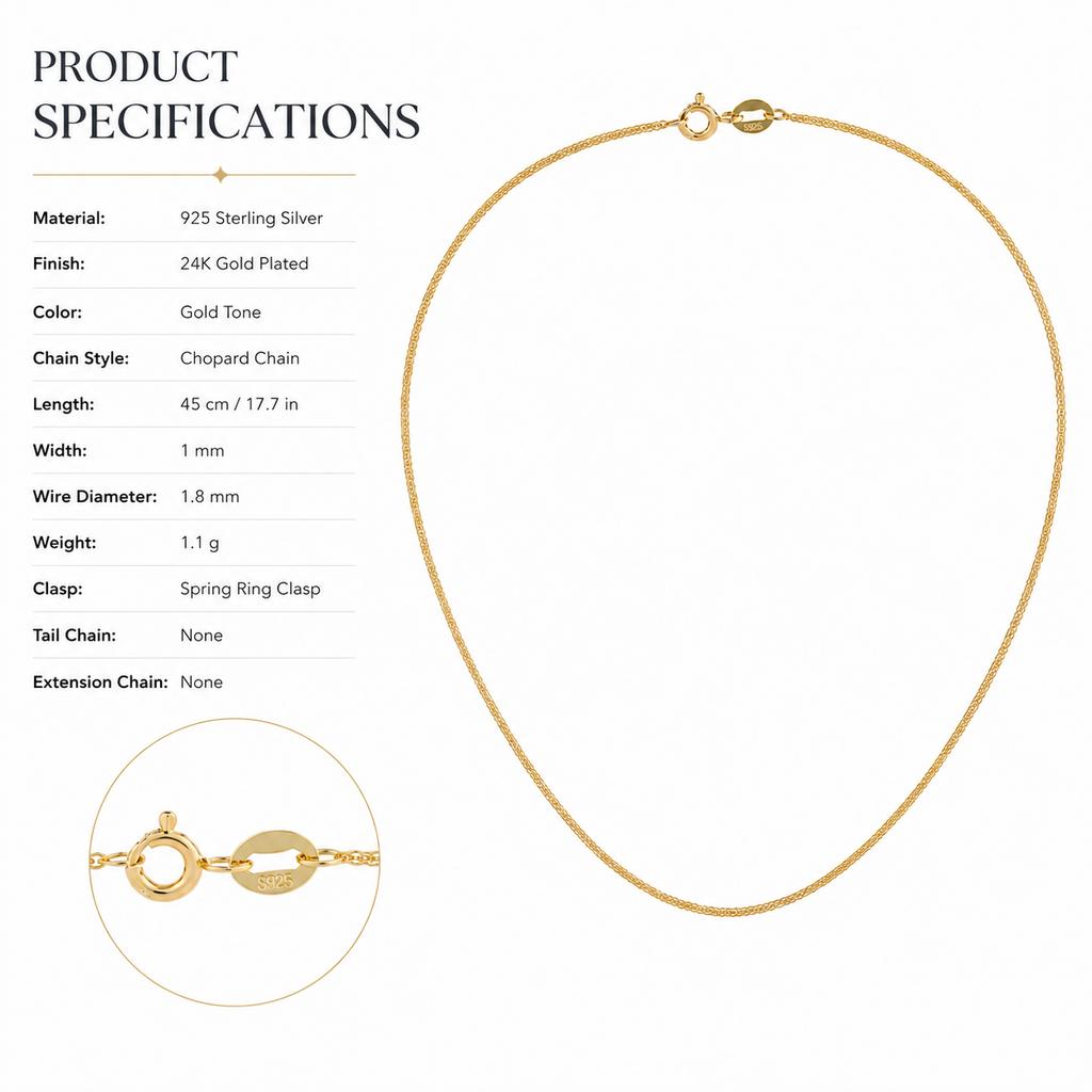 925 Sterling Silver 24K Gold Plated Chopin Chain Necklace Hypoallergenic Tarnish Resistant Layering Everyday Fine Jewelry