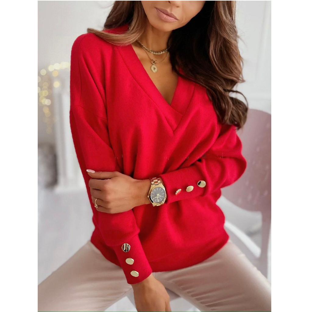 Осенне-зимняя модная женская мода с v-образным вырезом и длинным рукавом, повседневная однотонная трикотажная пуловер на пуговицах, свитера, джемпер