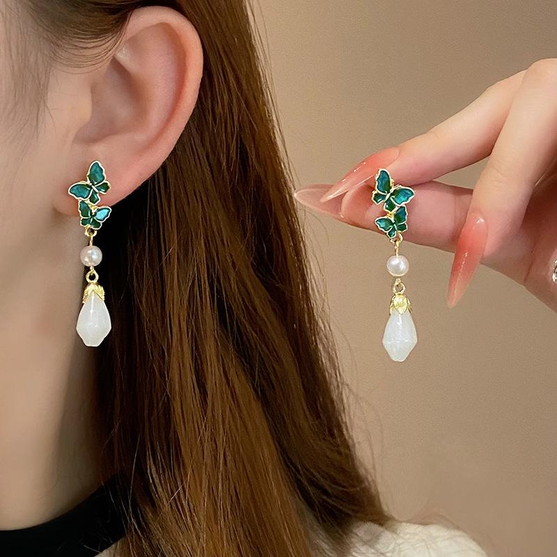 Новые роскошные изысканные женские серьги с зеленой глазурью и бабочкой, эмалью и жемчугом