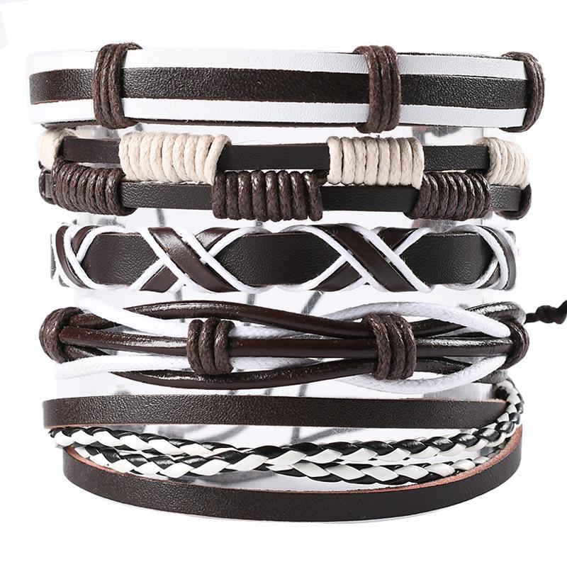Retro Men's 5-Piece Adjustable Cross-Woven Leather Bracelet Set - National Style