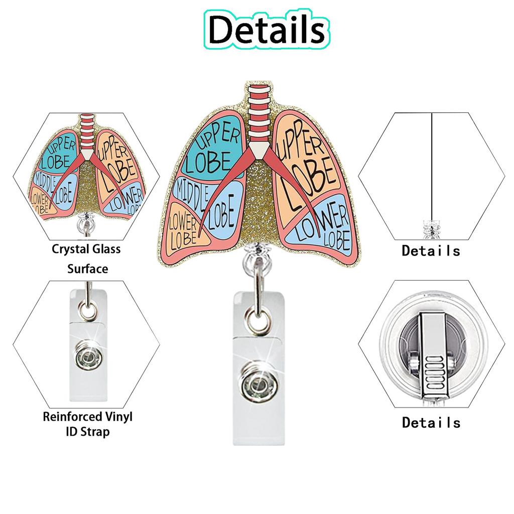 Medical Heart Lung Brain Acrylic Glitter Retractable Badge Reel Rotating Crocodile Clip ID Badge Holder for Doctor Nurse