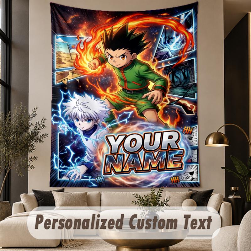 Custom Text Printed Tapestry Hunter × Hunter Pattern Large Wall Hanging Indoor Room Decor