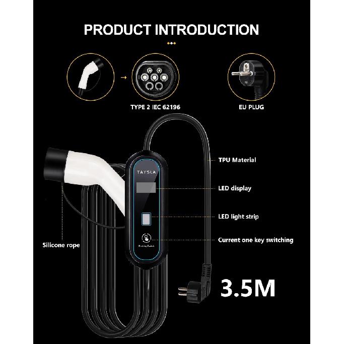 TAYSLA Household Electric Car Charger 16A MAX 220V Portable EV Charger TYPE 2 IEC 62196 Charging Cable for Electric Vehicle Car