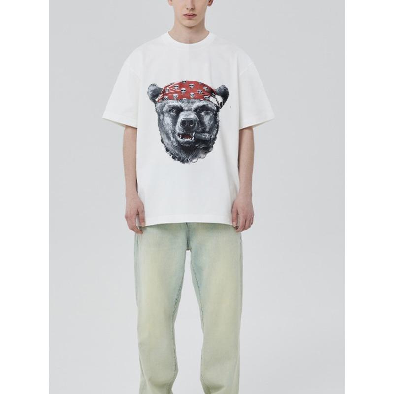 White T Shirt Bear Head With Red Bandana And Cigar Graphic Print Casual Streetwear For Men And Women