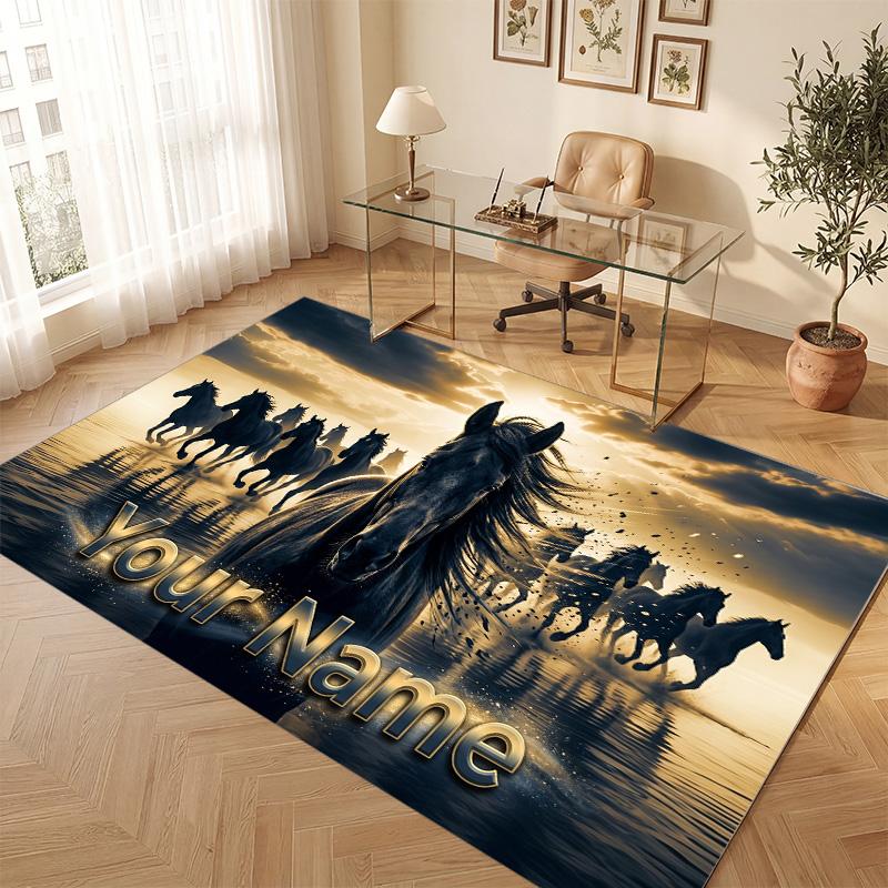 Horse Theme Soft Crystal Velvet Rug Custom Name & Text Print Non Slip Floor Rug for Bedroom Living Room