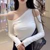 Pure Desire Hot Girl Style Asymmetrical Neckline Off-Shoulder Long-Sleeve T-Shirt for Women, Autumn Sexy Irregular Slim-Fit Base Layer Top