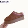 Модные зимние сапоги на платформе с плоскими каблуками Женские меховые тапочки Замшевые хлопковые туфли Женская зимняя обувь 2025 года Трендовые теплые плюшевые ботильоны Повседневные меховые шлепанцы