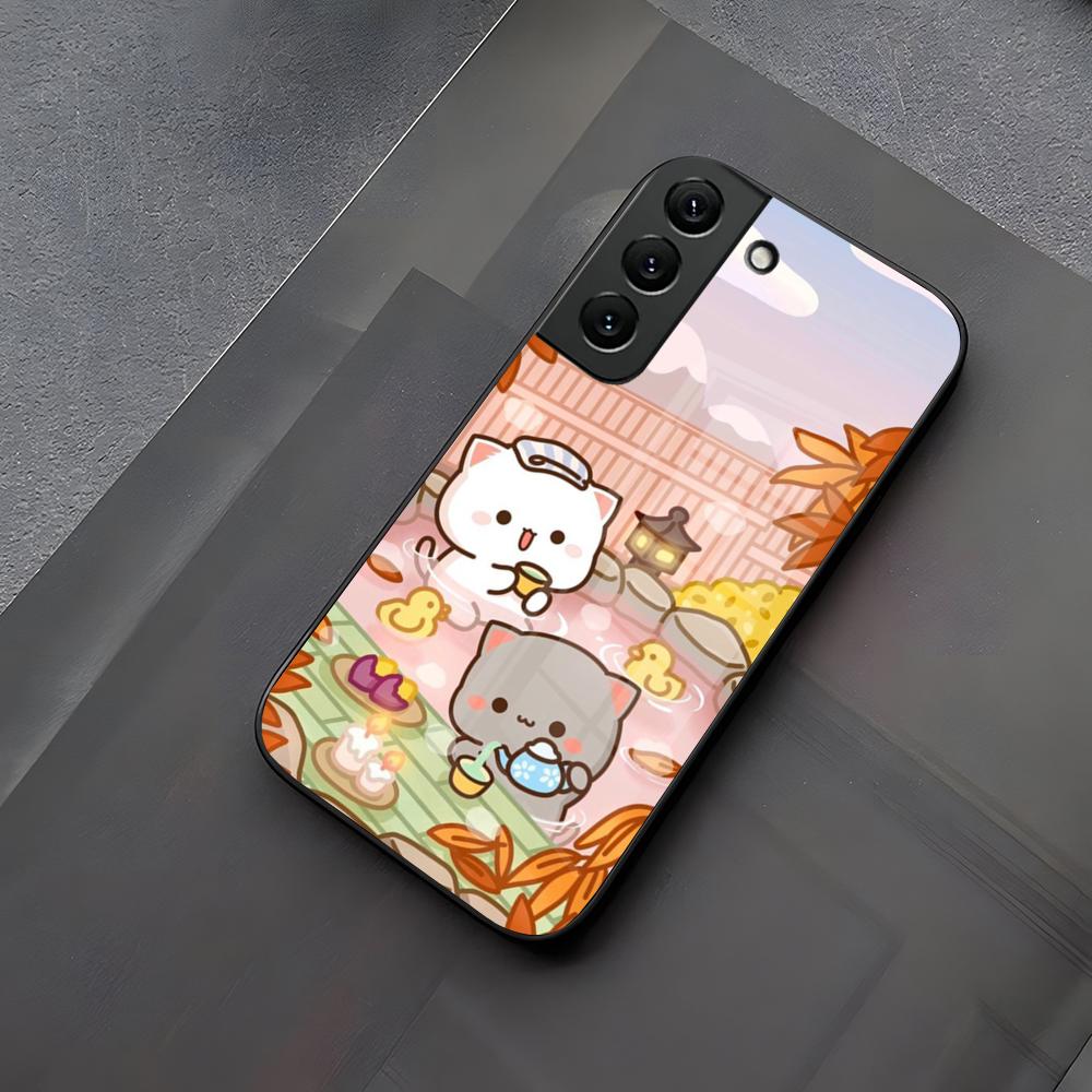 Забавный Мультяшный Персиковый Кот Моти Чехол Для Телефона Стекло Для Samsung Galaxy S23 S24 S21 S25 S22 S20 Ultra Fe Plus A55 A15 A14 Чехол