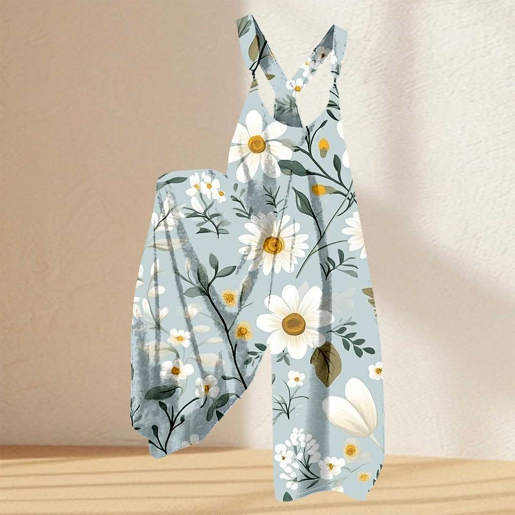 Женский комбинезон с цветочным принтом, повседневный свободный комбинезон из хлопка и льна