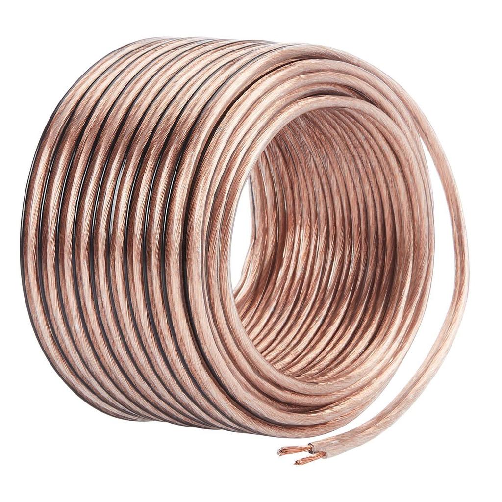 16 AWG Акустический кабель, Бескислородная медь, Два проводника, Кабель для акустических систем для автомобиля, стереосистемы, сабвуфера (50 футов, Медь, Прозрачный)