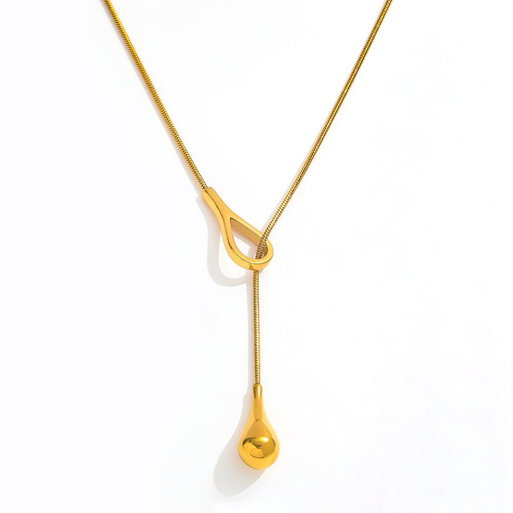 Fenny 18K PVD Gold Plated Stainless Steel Teardrop Pendant Adjustable Sweater Necklace Trendy for Women