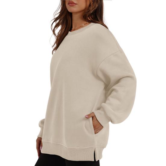 Осенне-зимняя женская толстовка из утолщенного плюша с круглым вырезом, однотонная, свободная, с разрезами по низу, с карманами, пуловер средней длины, теплая спортивная повседневная одежда, топ