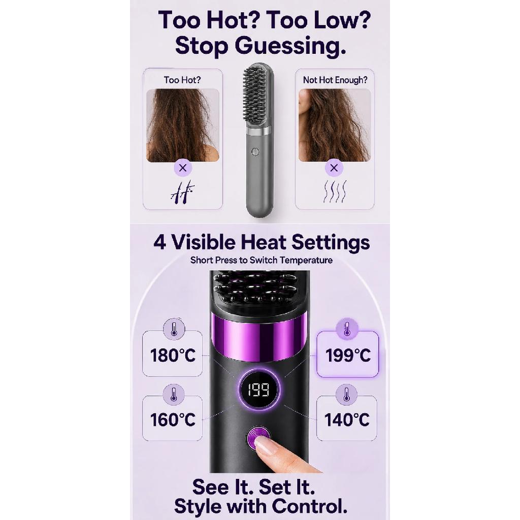 Electric Hair Straightening Brush Hot Comb Hair Straightener USB Rechargeable Wireless Portable Hair Straightener