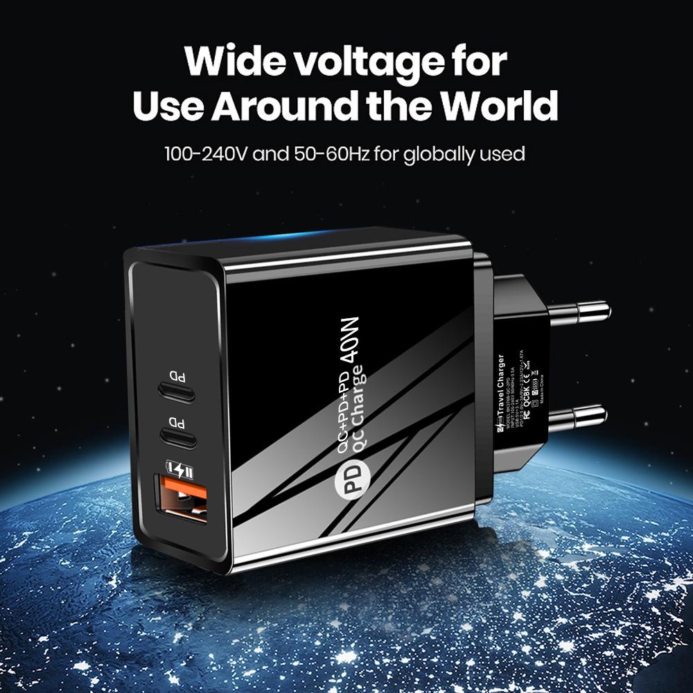 Двойное USB и 2 PD Type-C Мобильное зарядное устройство со светодиодом, EU/US Спецификации, 2,4 А Дорожная легкая зарядная головка