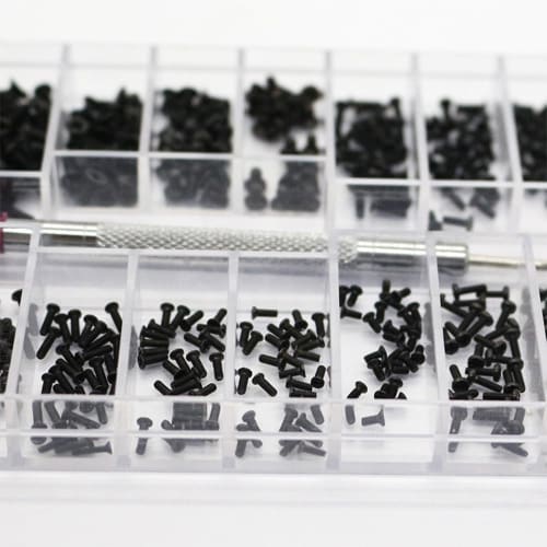 VOXILFE Miniature Screw Assortment Kit, 500 Black Screws, 18 Types of M1.2 / M1.4 / M2.0 Countersunk, Round, and Flat Head Screws for Watches, Eyeglas