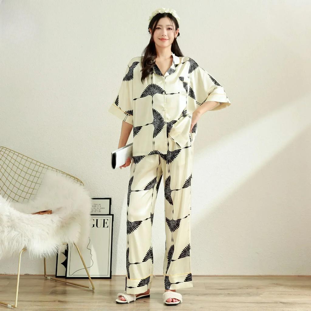 Новый французский женский комплект пижамы Ice Silk Printed со средним рукавом, с эксклюзивным дизайном, домашний костюм с лацканами Ins Style, пижама