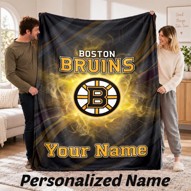 Boston Bruins Personalized Flannel Blanket Custom Name Text Soft Throw Blanket Home Decor