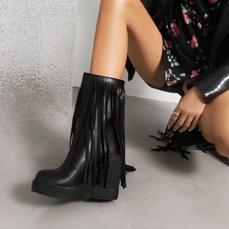 2024 Модные сапоги Новые осенне-зимние женские сапоги с круглым носком, черные, на платформе, с очень высоким каблуком, с бахромой и плюшевой танкеткой