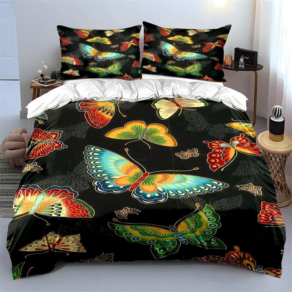Colorful butterflies on black. Bedding sets Duvet cover sets Duvet covers Pillowcases(1 * Duvet Cover 2 * Pillowcases without duvet insert)
