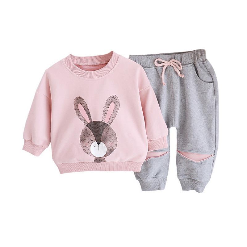 Girl Casual Fashion Cute Cartoon Print Round Neck Long-Sleeved Sweater Trousers Suit