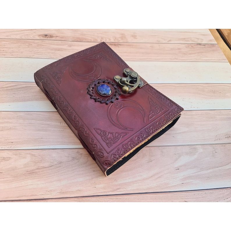 Pack Of 3 Book of Shadows, Leather Journal, Triple Moon Journal, Third Eye Crystal Stone, Gift for Him, Gift for Her, Leather Grimoire