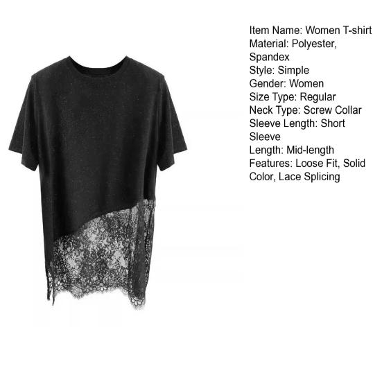 Women T-shirt Round Neck Short Sleeve Mid-length Tops Solid Color Side Slit Design Lace Splicing Tee Shirt Daily Wear