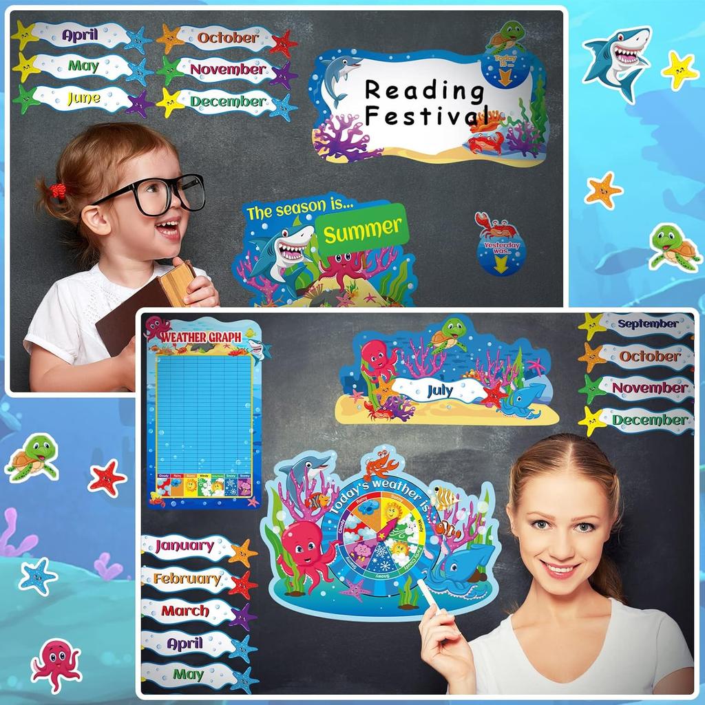 90 Pcs Sea Calendar Bulletin Board Set Pocket Chart Seasons Weather Chart Ocean Theme Classroom Decor Monthly Calendar for School Classroom Home