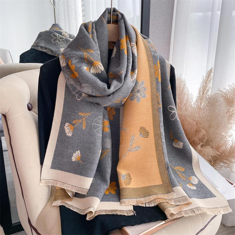 2024 Autumn/Winter New Color Blocked Imitation Cashmere Women'S Tassel Shawl Thickened Warm Double Sided Jacquard Wool Scarf
