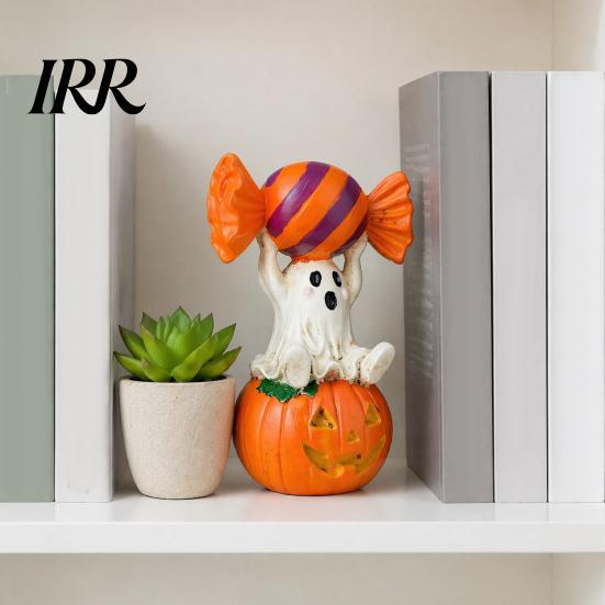 Cute Pumpkin Decor Halloween Ghost Figurine, Sitting on Holding Candy Fall Seasonal Accents Statue, Spooky Resin Table Ornament for Indoor Mantle