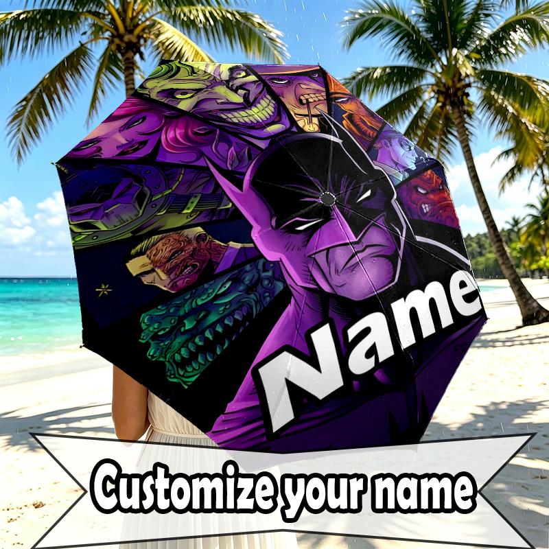 Custom Name Personalized Batman Print Umbrella, Auto Open Close, 8‑Rib Sturdy Frame, Commute Camping Hiking Use, Birthday Gift