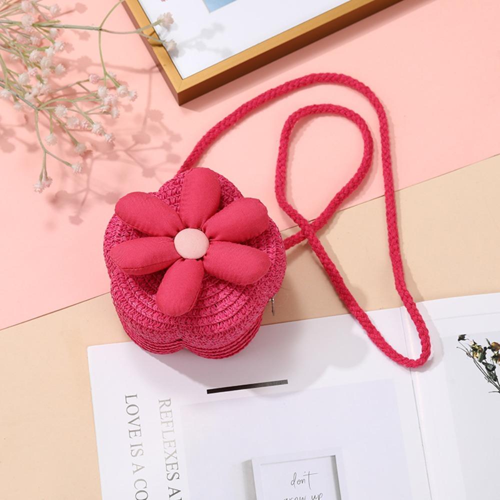 Cute Handmade Kids Straw Bag Flower Shape Woven Crossbody Bag Summer Beach Bag for Children Girls