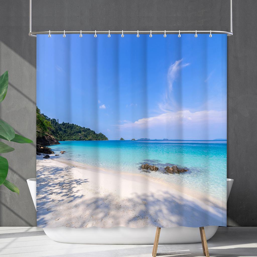 Shower Curtain Waterproof And Mildew-Proof Coconut Tree Beach Beach Bathroom Shower Curtain Shower Curtain Partition Curtain Free Punching