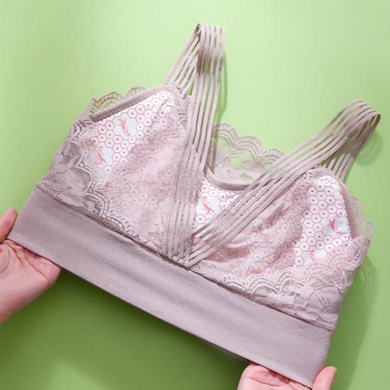 Women Elegant Bandeau Back Underwire Bra Anti Sagging Padded Wide Shoulder Straps Floral Lace Stitching Push Up Sport Breathable Brassiere Inner Wear