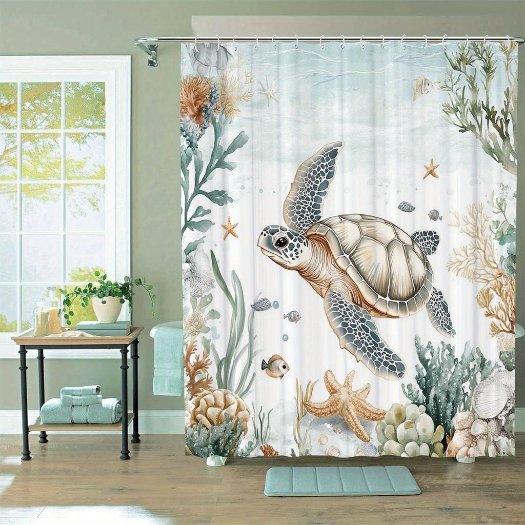 Sea Turtle Pattern Shower Curtain With 12 Hooks For Room, Home, Hotel, Laundry Washable Bathroom One Piece