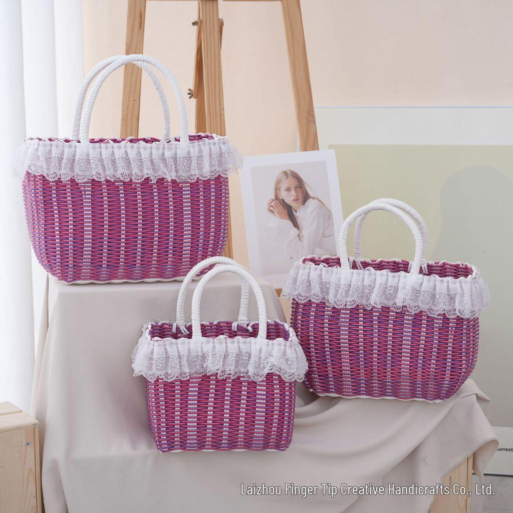 Красочная плетеная пластиковая корзина: Ручной сувенирный подарок, Имитация ротанга, Женская корзина для ванной и хранения