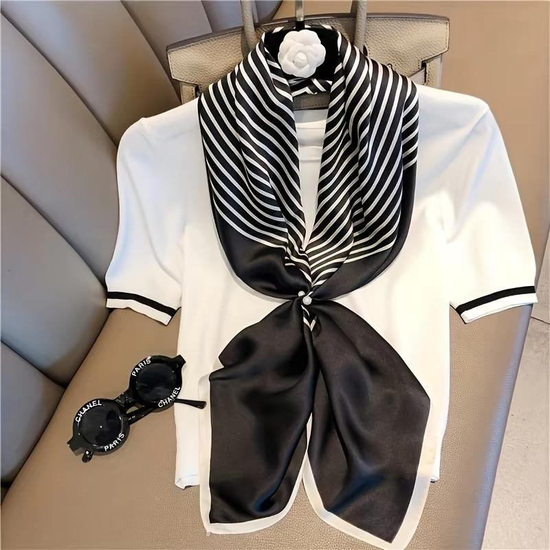 Luxury Striped Shawl Soft Satin Square Scarf Elegant Bandana Imitation Silk Head Wrap Classic Sunscreen Travel Beach Towel
