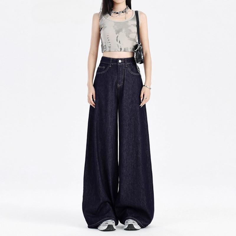 Women High Waist Wide Leg Loose Fleece Lined Denim Floor Length Jeans