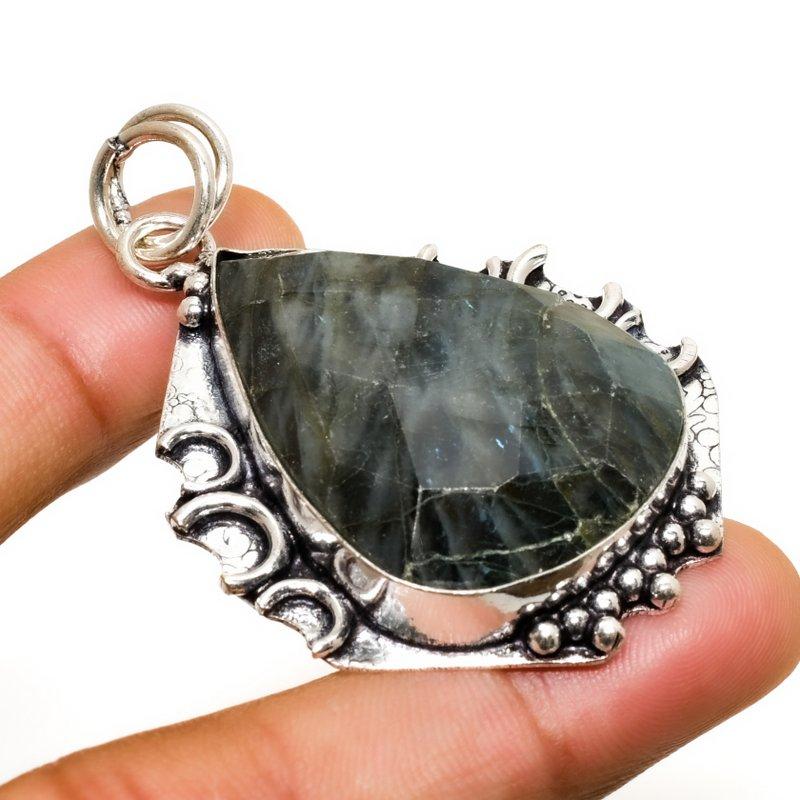 Labradorite Gemstone Handmade 925 Silver Plated Jewelry Pendant 2.08"